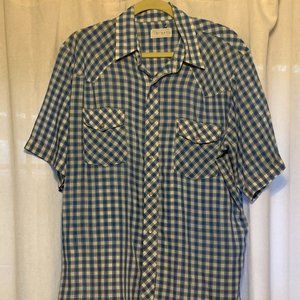 XL Vintage, Blue and White Checkered Short Sleeve Pearl Snap